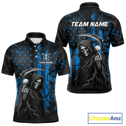 Front and back view of custom black and blue American flag skull reaper mens golf polo shirt with personalized name