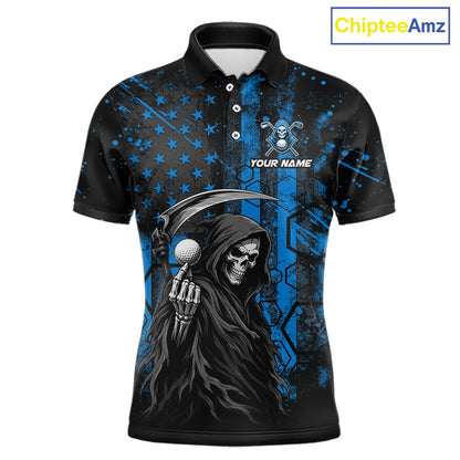 Front view of custom black and blue American flag skull reaper mens golf polo shirt