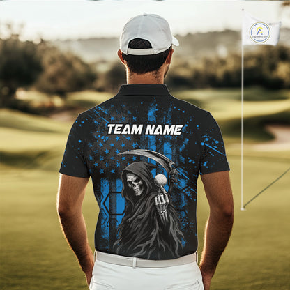 Golfer wearing custom black and blue American flag skull reaper golf polo shirt on the course - back view