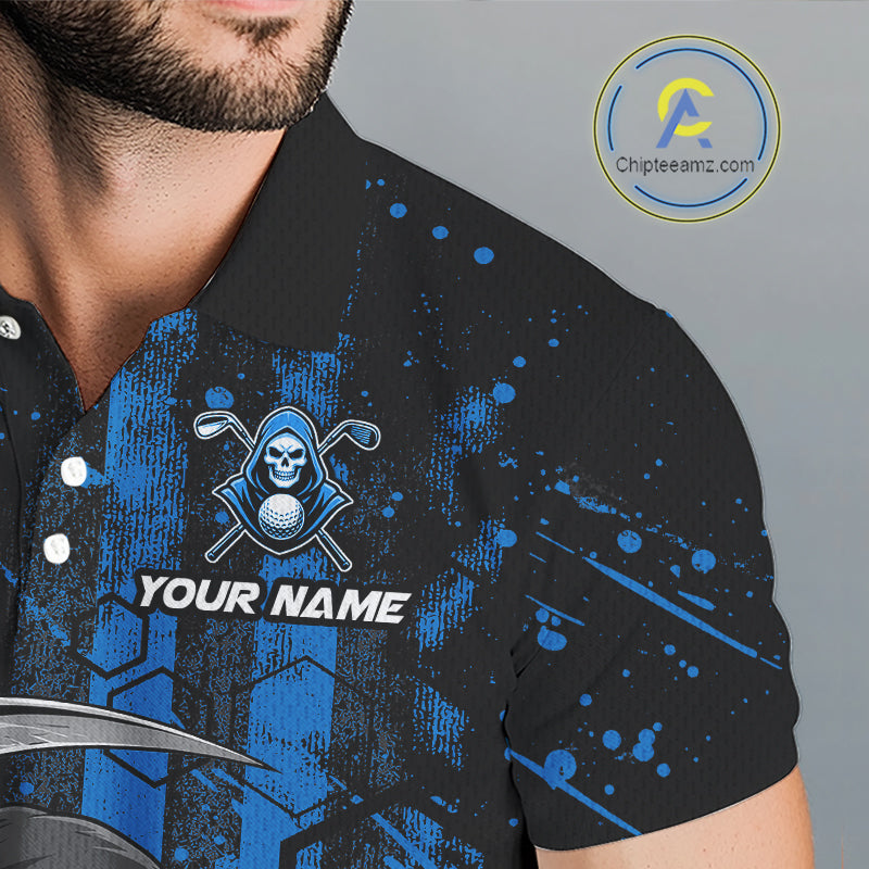Close-up of black and blue American flag skull reaper print on mens golf polo