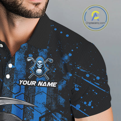 Close-up of black and blue American flag skull reaper print on mens golf polo
