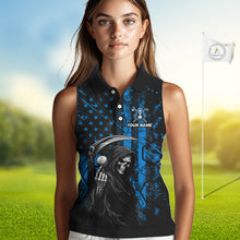 Load image into Gallery viewer, Custom Black And Blue American Flag Skull Reaper Womens Sleeveless Golf Polo Shirt, Team Golf Shirts NBT882