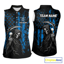 Load image into Gallery viewer, Custom Black And Blue American Flag Skull Reaper Womens Sleeveless Golf Polo Shirt, Team Golf Shirts NBT882