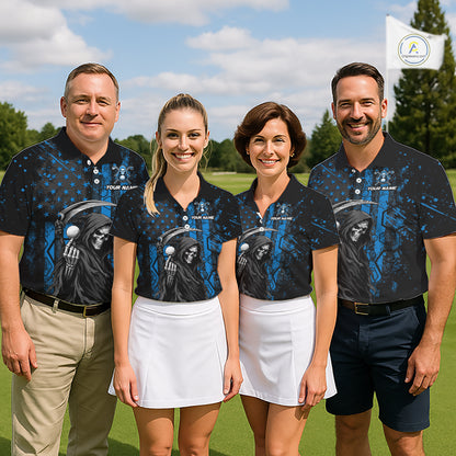 Four golfers wearing matching black and blue American flag skull reaper golf polo shirt - front view