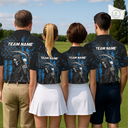 Four golfers wearing matching black and blue American flag skull reaper golf polo shirt - back view