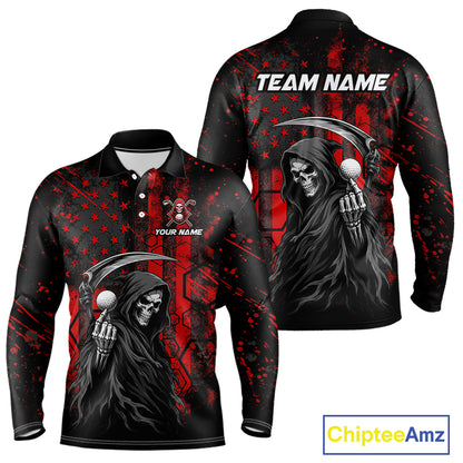 Custom Black And Red American Flag Skull Reaper Mens Golf Polo Shirt, Team Golf Shirts NBT883