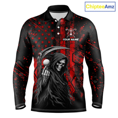 Custom Black And Red American Flag Skull Reaper Mens Golf Polo Shirt, Team Golf Shirts NBT883
