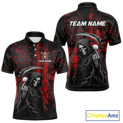 Front and back view of custom black and red American flag skull reaper mens golf polo shirt with personalized name