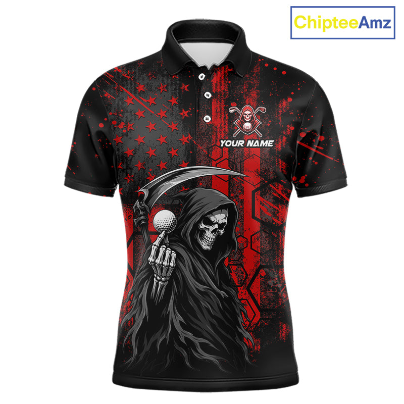 Front view of custom black and red American flag skull reaper mens golf polo shirt