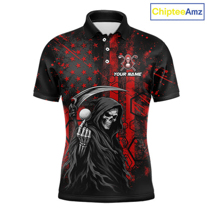 Front view of custom black and red American flag skull reaper mens golf polo shirt