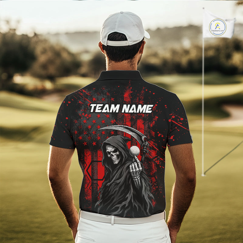 Golfer wearing custom black and red American flag skull reaper golf polo shirt on the course - back view