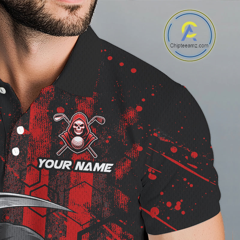 Close-up of black and red American flag skull reaper print on mens golf polo