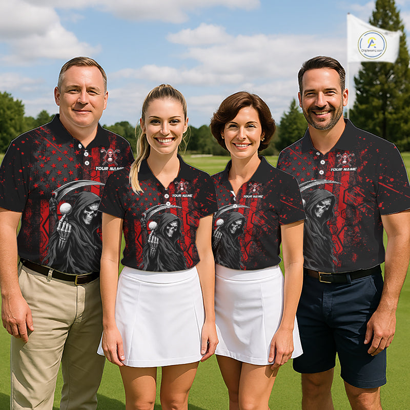 Four golfers wearing matching black and red American flag skull reaper golf polo shirt - front view