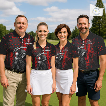 Four golfers wearing matching black and red American flag skull reaper golf polo shirt - front view