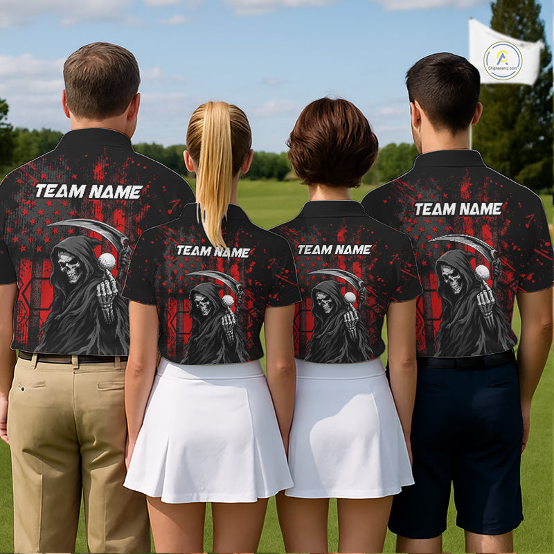 Four golfers wearing matching black and red American flag skull reaper golf polo shirt - back view