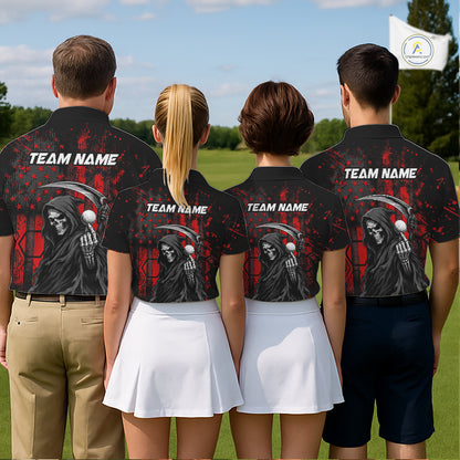 Four golfers wearing matching black and red American flag skull reaper golf polo shirt - back view