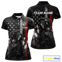 Load image into Gallery viewer, Front and back view of American flag custom Grim Reaper bowling polo shirt for women with personalized name