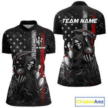 Load image into Gallery viewer, Front and back view of American flag custom Grim Reaper bowling quarter zip shirt for women