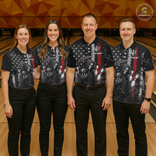 Load image into Gallery viewer, Bowling team wearing matching American flag Grim Reaper custom polo shirts with personalized names