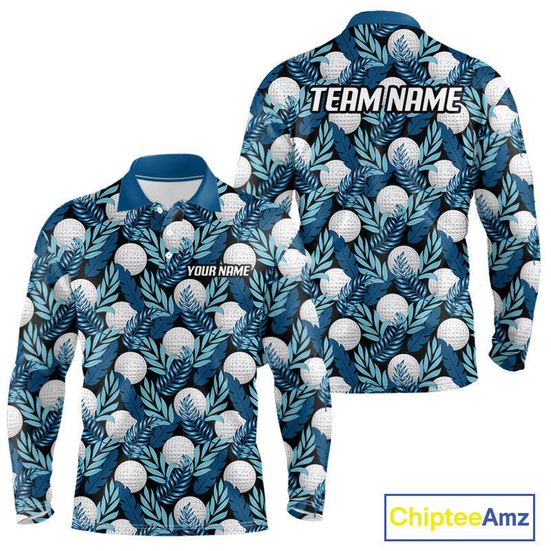 Custom Black Blue Tropical Golf Ball Pattern Mens Polo Golf Shirts, Golf Gifts For Team NBT964