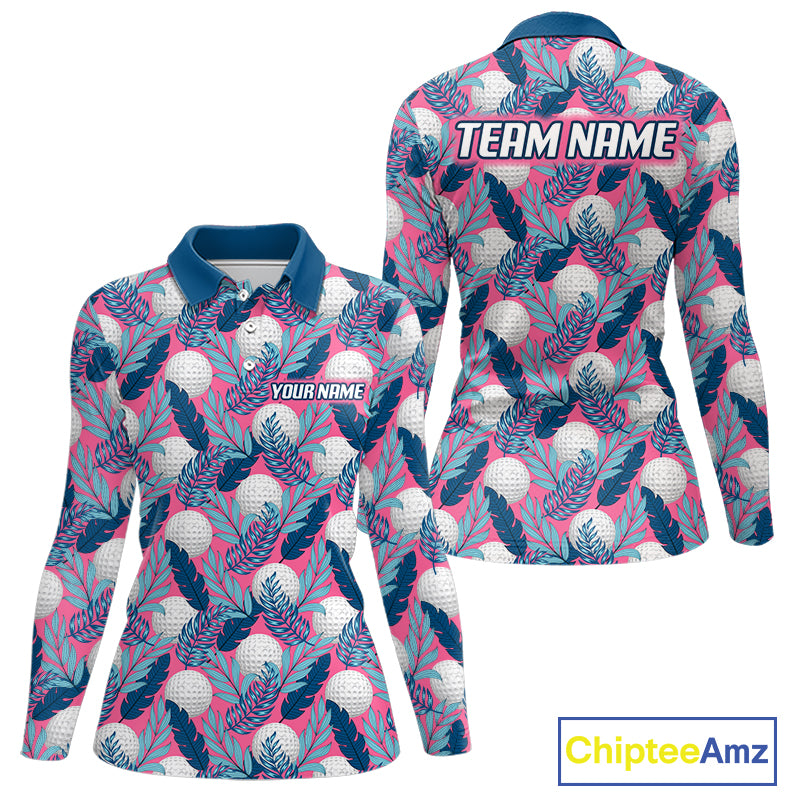 Custom Pink Blue Tropical Golf Ball Pattern Womens Polo Golf Shirts, Golf Gifts For Team NBT965