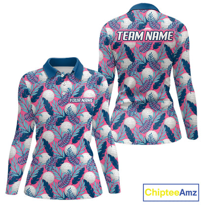 Custom Pink Blue Tropical Golf Ball Pattern Womens Polo Golf Shirts, Golf Gifts For Team NBT965