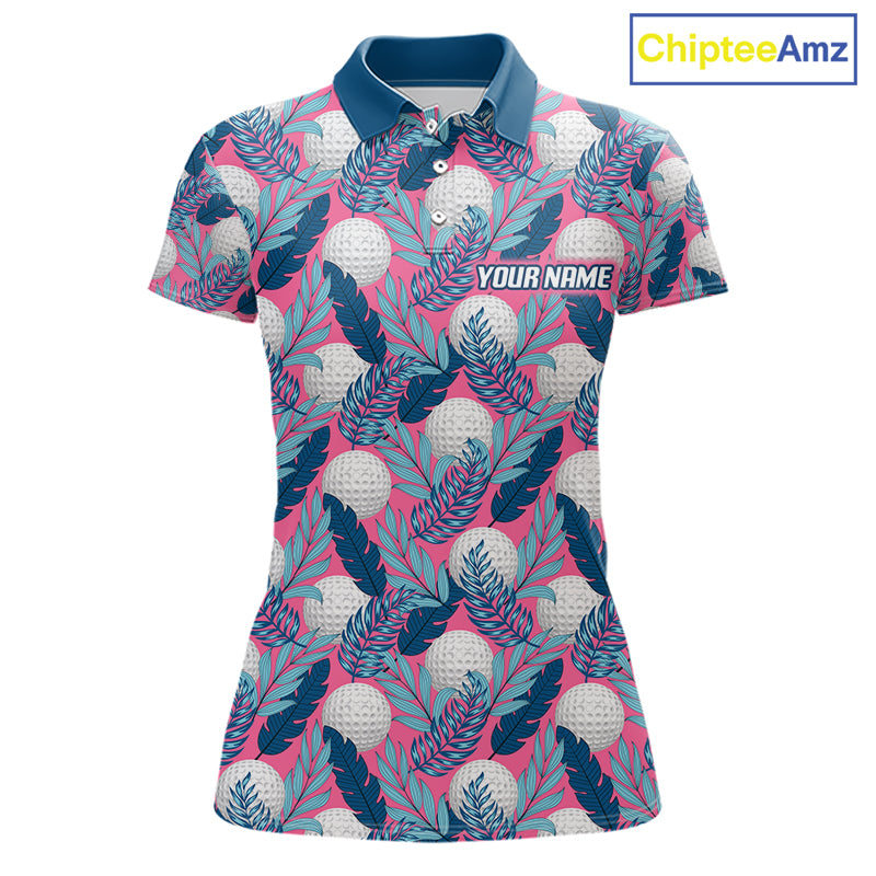 Custom Pink Blue Tropical Golf Ball Pattern Womens Polo Golf Shirts, Golf Gifts For Team NBT965