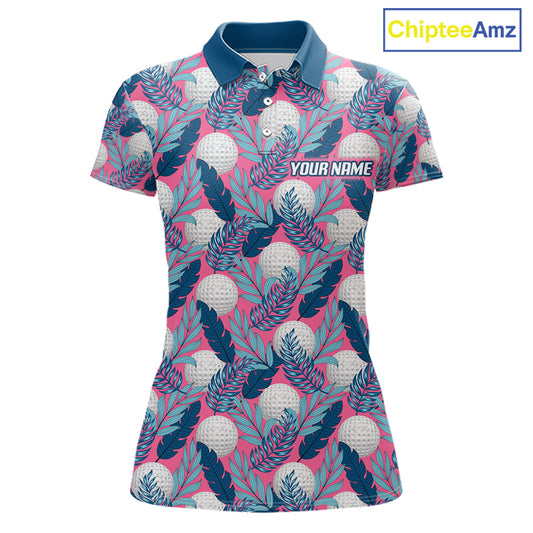 Custom Pink Blue Tropical Golf Ball Pattern Womens Polo Golf Shirts, Golf Gifts For Team NBT965