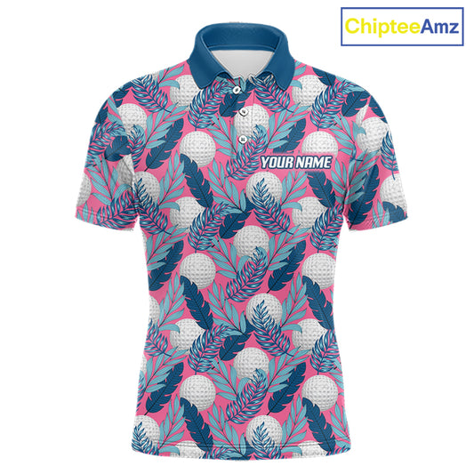 Custom Pink Blue Tropical Golf Ball Pattern Mens Polo Golf Shirts, Golf Gifts For Team NBT965