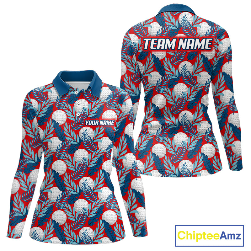 Custom Red Blue Tropical Golf Ball Pattern Womens Polo Golf Shirts, Golf Gifts For Team NBT966
