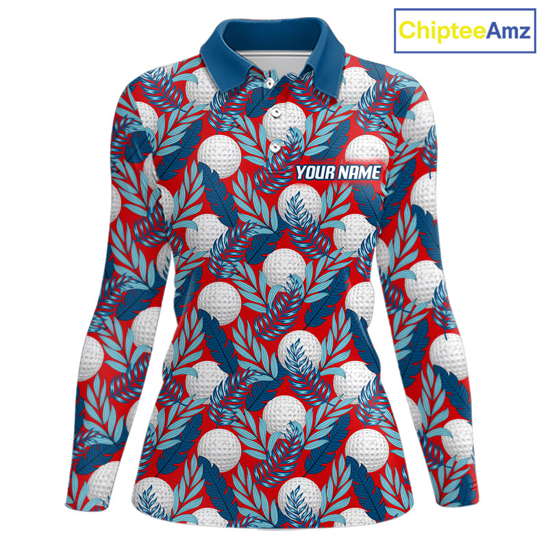 Custom Red Blue Tropical Golf Ball Pattern Womens Polo Golf Shirts, Golf Gifts For Team NBT966