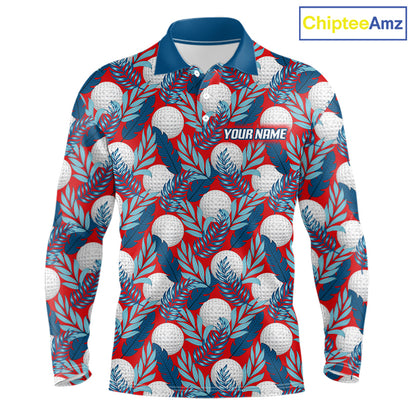 Custom Red Blue Tropical Golf Ball Pattern Mens Polo Golf Shirts, Golf Gifts For Team NBT966
