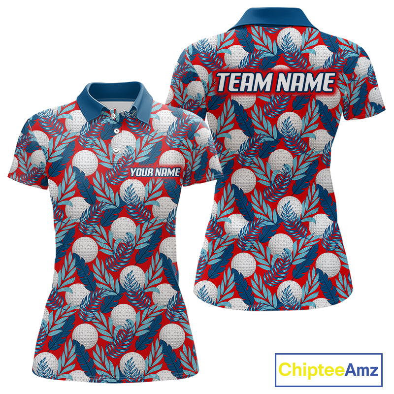 Custom Red Blue Tropical Golf Ball Pattern Womens Polo Golf Shirts, Golf Gifts For Team NBT966