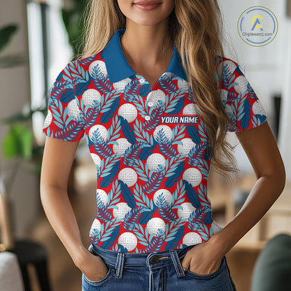 Custom Red Blue Tropical Golf Ball Pattern Womens Polo Golf Shirts, Golf Gifts For Team NBT966