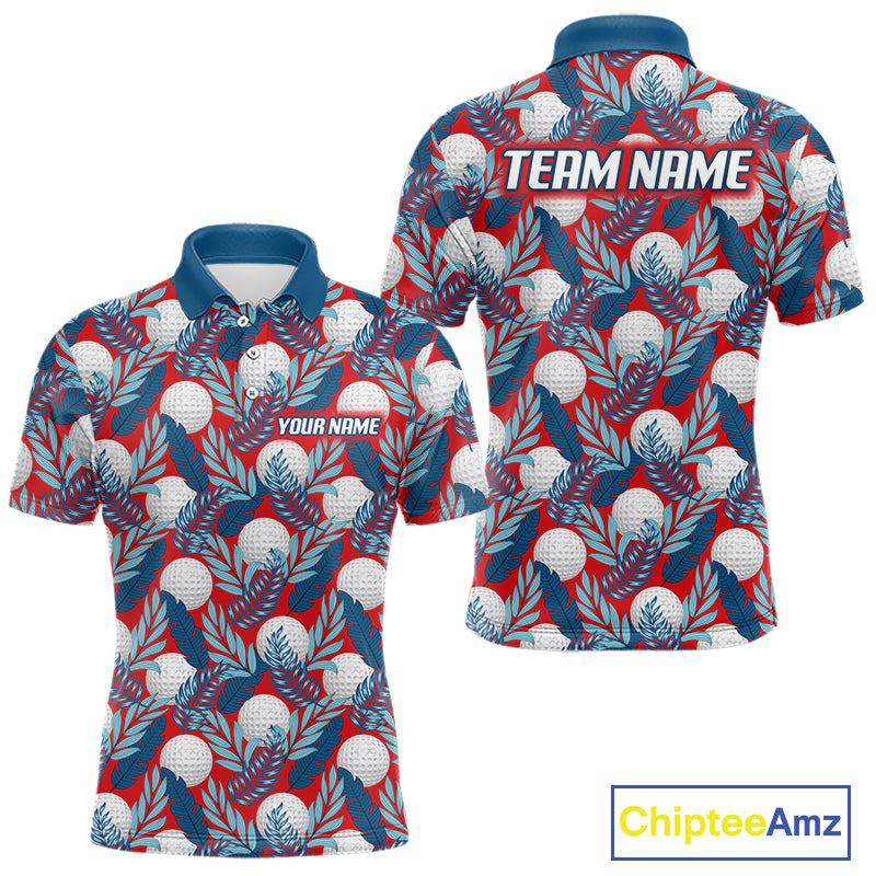 Custom Red Blue Tropical Golf Ball Pattern Mens Polo Golf Shirts, Golf Gifts For Team NBT966
