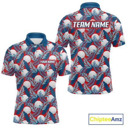 Custom Red Blue Tropical Golf Ball Pattern Mens Polo Golf Shirts, Golf Gifts For Team NBT966