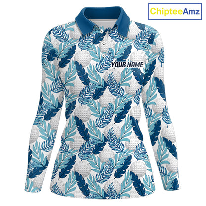 Custom White Blue Tropical Golf Ball Pattern Womens Polo Golf Shirts, Golf Gifts For Team NBT967