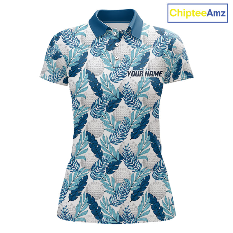 Custom White Blue Tropical Golf Ball Pattern Womens Polo Golf Shirts, Golf Gifts For Team NBT967