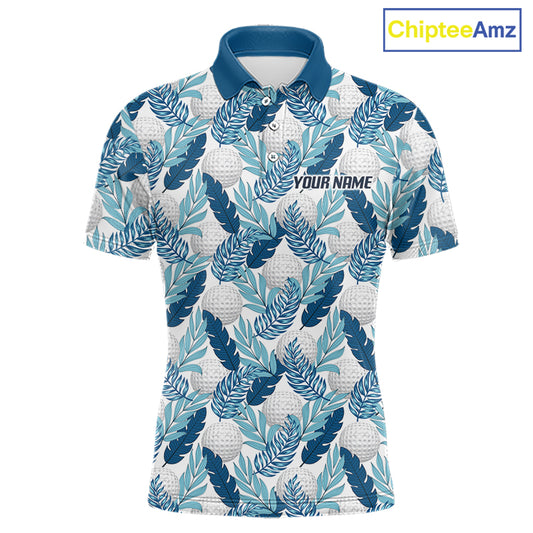 Custom White Blue Tropical Golf Ball Pattern Mens Polo Golf Shirts, Golf Gifts For Team NBT967