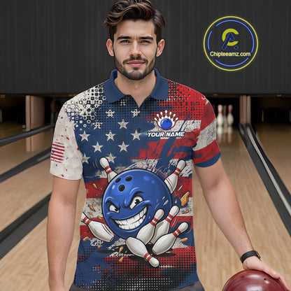 Funny American Flag Bowling Jersey For Men Custom Polo Bowling Shirt Patriotic Bowling Shirt For Team NBT968