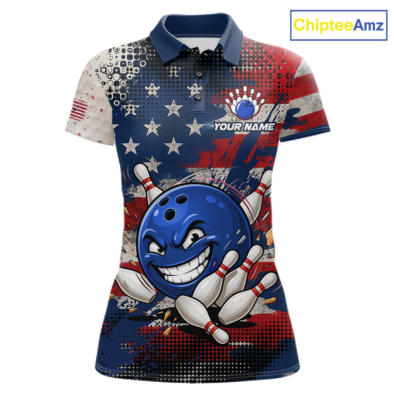 Funny American Flag Bowling Jersey For Women Custom Polo Bowling Shirt Patriotic Bowling Shirt For Team NBT968