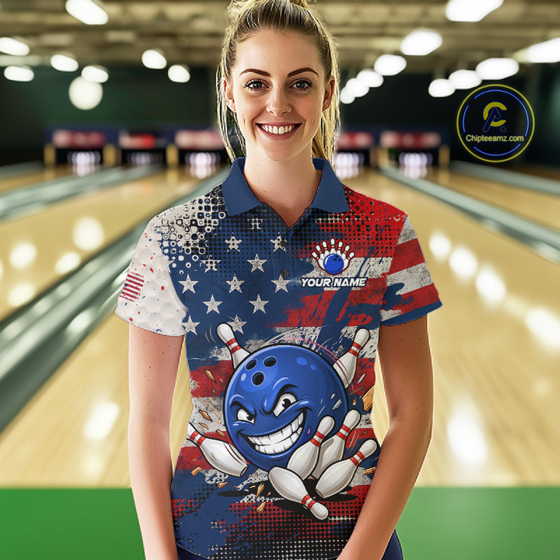 Funny American Flag Bowling Jersey For Women Custom Polo Bowling Shirt Patriotic Bowling Shirt For Team NBT968