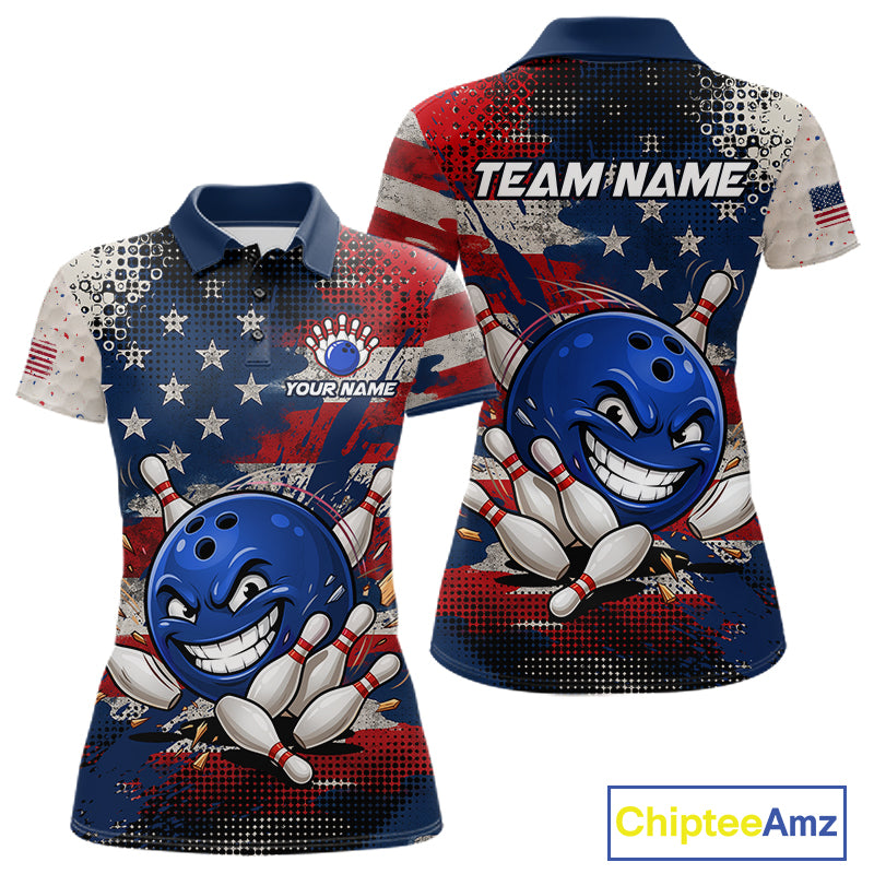 Funny American Flag Bowling Jersey For Women Custom Polo Bowling Shirt Patriotic Bowling Shirt For Team NBT968