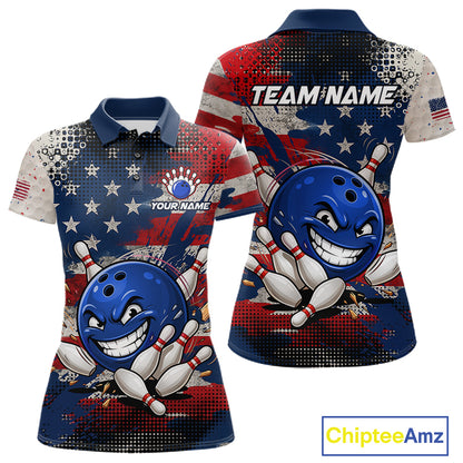 Funny American Flag Bowling Jersey For Women Custom Polo Bowling Shirt Patriotic Bowling Shirt For Team NBT968