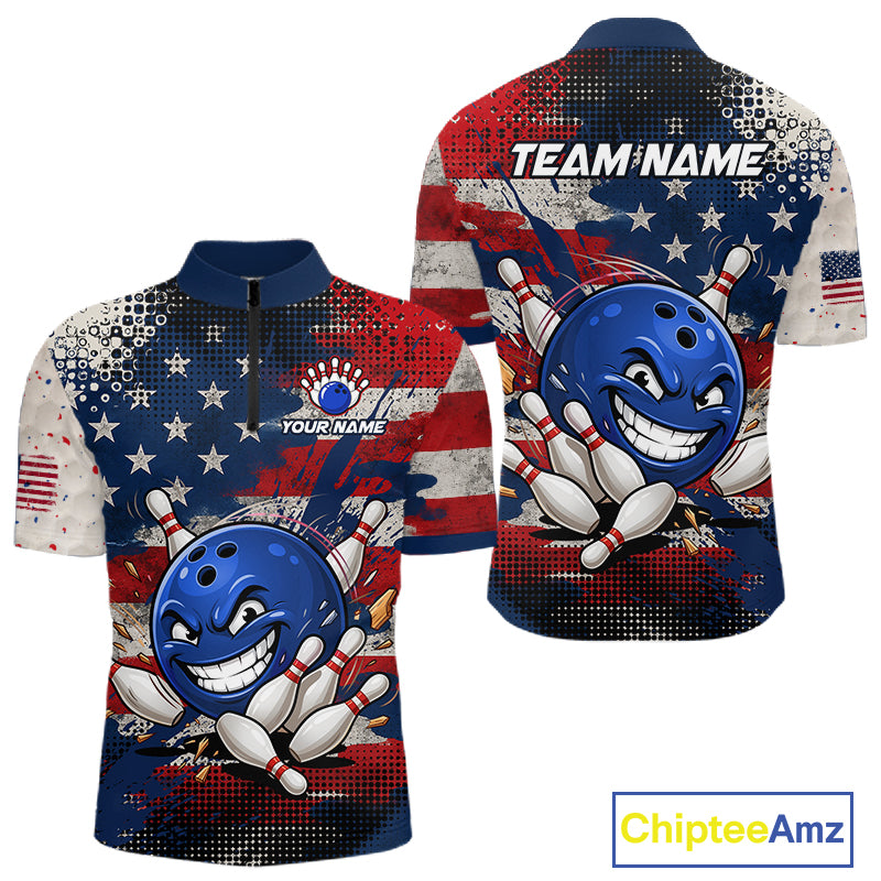 Funny American Flag Bowling Jersey For Men Custom Polo Bowling Shirt Patriotic Bowling Shirt For Team NBT968