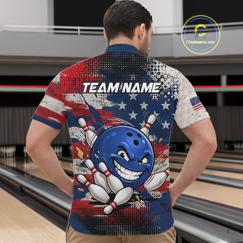 Funny American Flag Bowling Jersey For Men Custom Polo Bowling Shirt Patriotic Bowling Shirt For Team NBT968
