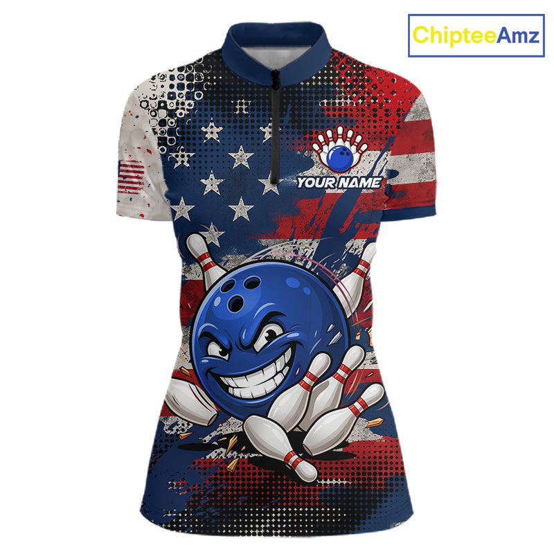 Funny American Flag Bowling Jersey For Women Custom Polo Bowling Shirt Patriotic Bowling Shirt For Team NBT968