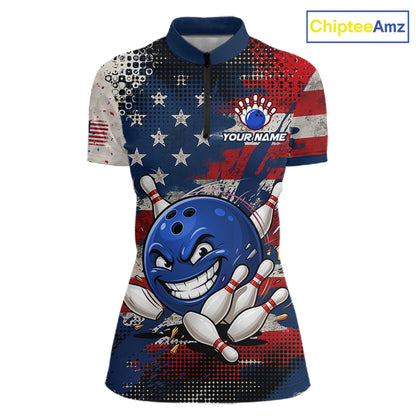 Funny American Flag Bowling Jersey For Women Custom Polo Bowling Shirt Patriotic Bowling Shirt For Team NBT968
