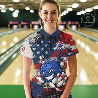 Funny American Flag Bowling Jersey For Women Custom Polo Bowling Shirt Patriotic Bowling Shirt For Team NBT968