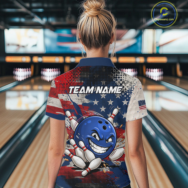 Funny American Flag Bowling Jersey For Women Custom Polo Bowling Shirt Patriotic Bowling Shirt For Team NBT968